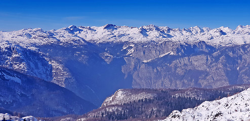 Image showing Panoramic view of the snowy mountains ski resort Vogel in Sloven