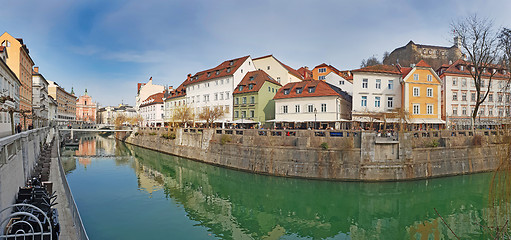 Image showing Panoramic view on Ljubljanica river canal in Ljubljana old town