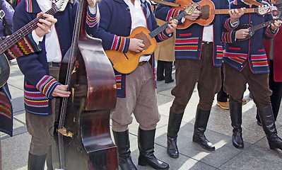 Image showing Traditional Croatian musicians in Slavonian costumes play in the