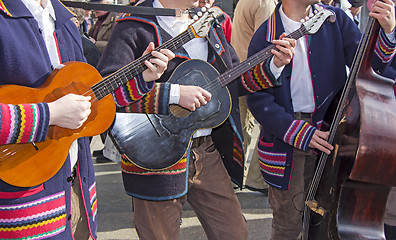 Image showing Traditional Croatian musicians in Slavonian costumes play in the