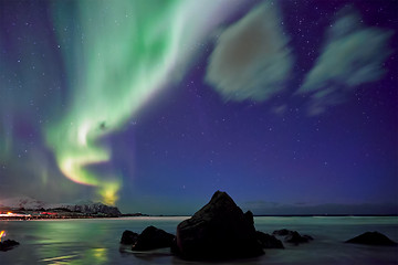 Image showing Aurora borealis northern lights. Lofoten islands, Norway