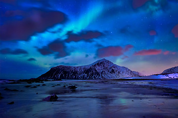 Image showing Aurora borealis northern lights. Lofoten islands, Norway