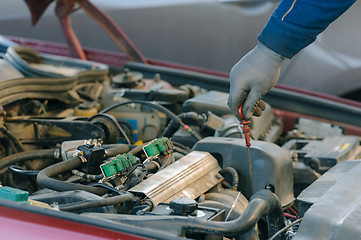 Image showing engine oil changing at car with liquefied petroleum gas system