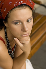 Image showing unhappy woman in red kerchief