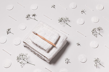 Image showing Towels and toothbrush flat lay