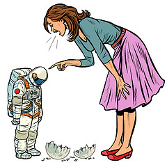 Image showing Woman scolds astronaut. The guilty destroyed moon isolate on white background