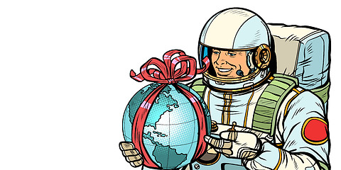 Image showing Earth day concept. Astronaut with a gift. Isolate on white background