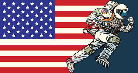 Image showing American astronaut patriot runs forward. USA flag