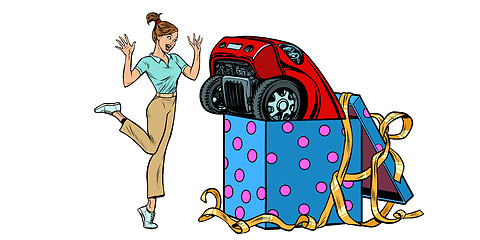 Image showing woman surprise car gift. isolate on white background