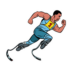 Image showing disabled African runner with leg prostheses running forward. sports competition