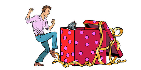 Image showing Man and dog puppy as a gift holiday box, isolate on white background