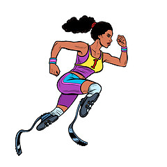 Image showing disabled African woman runner with leg prostheses running forward. sports competition