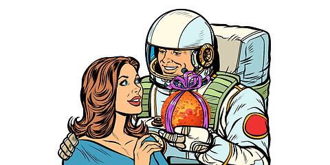 Image showing Couple in love. Astronaut gives a woman Mars. isolate on white background