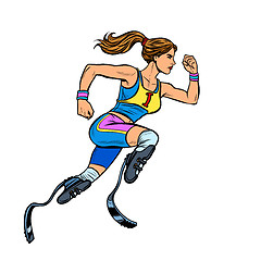 Image showing disabled runner woman with leg prostheses running forward. sports competition