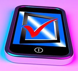 Image showing Check Mark On Smartphone Shows Checklist