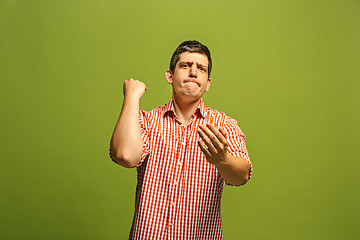 Image showing Beautiful male half-length portrait isolated on green studio backgroud. The young emotional surprised man