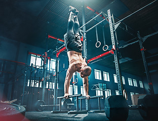 Image showing Concept: power, strength, healthy lifestyle, sport. Powerful attractive muscular man at CrossFit gym