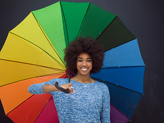 Image showing african american woman holding a colorful umbrella