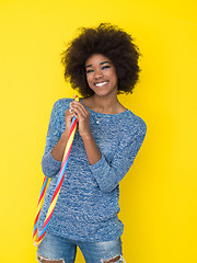Image showing black woman isolated on a Yellow background