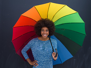 Image showing african american woman holding a colorful umbrella