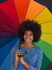 Image showing african american woman holding a colorful umbrella