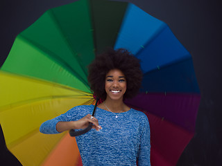 Image showing african american woman holding a colorful umbrella