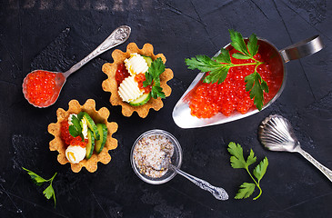 Image showing tartalets, butter and salmon caviar