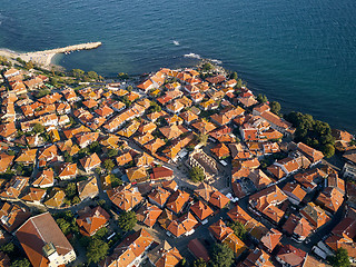 Image showing Aerial view of tile roofs of old Nessebar, ancient city on the Black Sea coast of Bulgaria