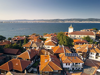 Image showing Aerial view of tile roofs of old Nessebar, ancient city on the Black Sea coast of Bulgaria