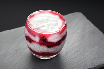 Image showing Milk dessert with chia seeds and fruit mousse.