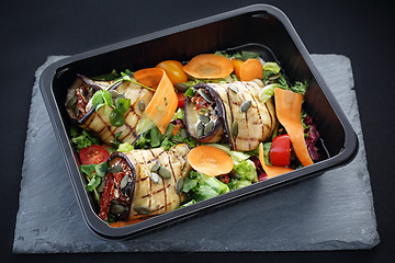 Image showing Balanced box diet, grilled aubergine rolls with vegetables