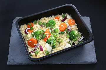 Image showing Dietary catering, rice with vegetables packed in a box.