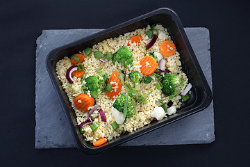 Image showing Dietary catering, rice with vegetables packed in a box.