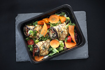 Image showing Balanced box diet, grilled aubergine rolls with vegetables