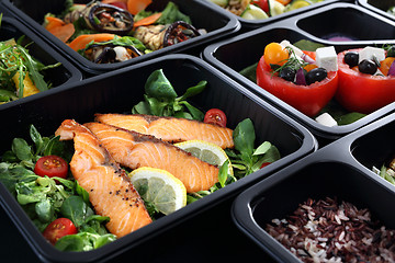 Image showing Lunch boxes, delicious and healthy dinner dishes