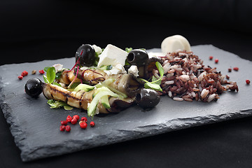 Image showing Salad with grilled aubergine. Grilled vegetables.