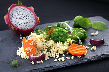 Image showing Food in a slimming diet, rice with broccoli and carrots