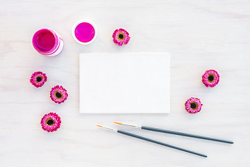 Image showing Bright pink acrylic paint and blank canvas