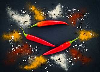 Image showing Salt and pepper seasoning on dark background