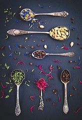 Image showing Silver spoons full of spices and herbs