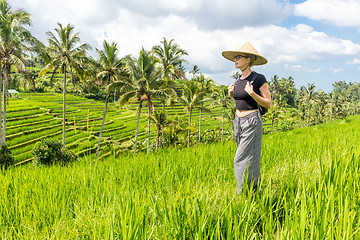 Image showing Relaxed fashionable caucasian female tourist wearing small backpack and traditional asian paddy hat walking among beautiful green rice fields and terraces on Bali island