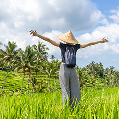 Image showing Relaxed fashionable female traveler wearing small backpack and traditional asian paddy hat, arms rised to sky, enjoying pure nature at beautiful green rice fields and terraces on Bali island