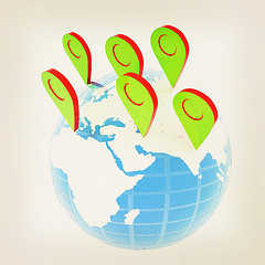 Image showing Planet Earth and map pins icon. Earth globe and colorful map lab