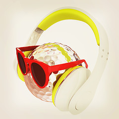 Image showing Metal Golf Ball With Sunglasses and headphones. 3d illustration.