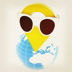 Image showing Glamour map pointer in sunglasses on Earth. 3d illustration. Vin