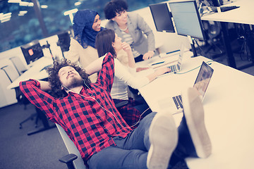 Image showing software developer resting with legs on desk