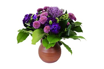 Image showing bouquet of flowers in a ceramic vase on a white background