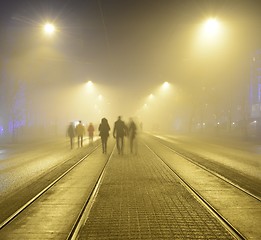 Image showing walk along the pavement on the night street in Helsink