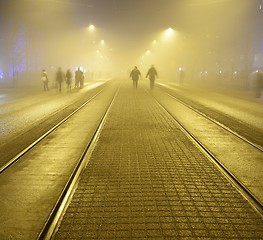 Image showing walk along the pavement on the night street in Helsink