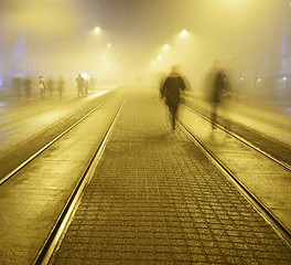 Image showing walk along the pavement on the night street in Helsink